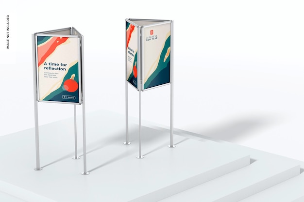 Three-sided poster stands mockup, on surface