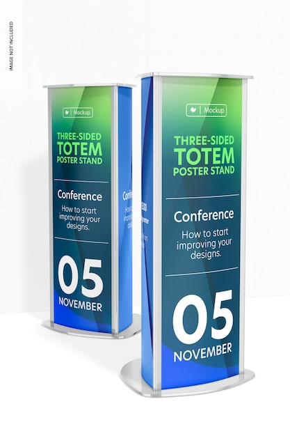 Mockup di supporti per poster totem a tre lati