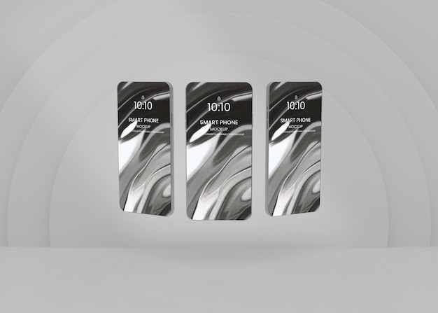 Three silver smartphones mockup