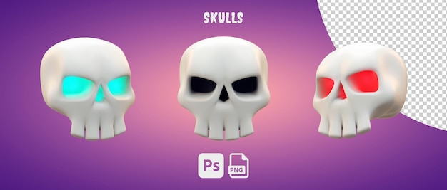 Three skulls isolated objects for halloween party concept in 3d cartoon illustration