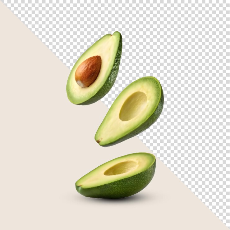 Three sliced avocados in the air on transparent background
