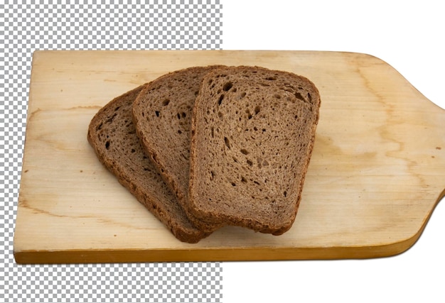 Three slices of black bread lie on a wooden board on a transparent psd layer nutrition concept