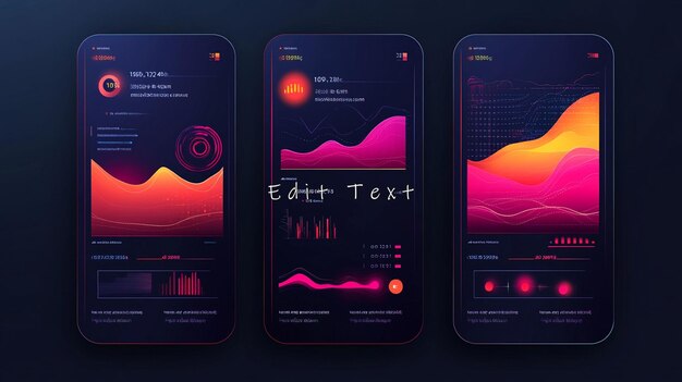 Three smartphone screens displaying various data visualizations including line graphs bar charts and circular diagrams using a dark color scheme with vibrant gradients