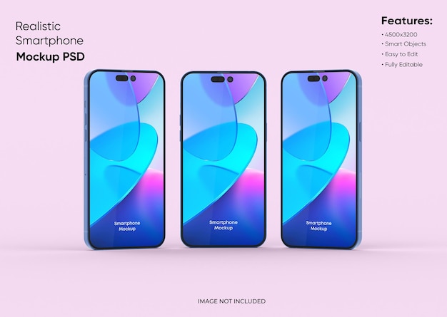 Three smartphones 14 pro max mockup for App and Website UI branding 2 Phones in front and back side 3D render