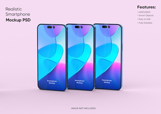 Three smartphones 14 pro max mockup for app and website ui branding 2 phones in front and back side 3d render