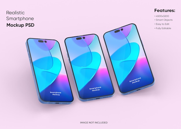 Three smartphones 14 pro max mockup for App and Website UI branding 2 Phones in front and back side 3D render