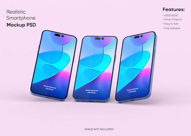 Three smartphones 14 pro max mockup for App and Website UI branding 2 Phones in front and back side 3D render