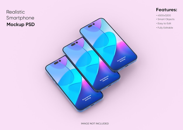 three smartphones 14 pro max mockup for app and website ui branding 2 phones in front and back side 3d render