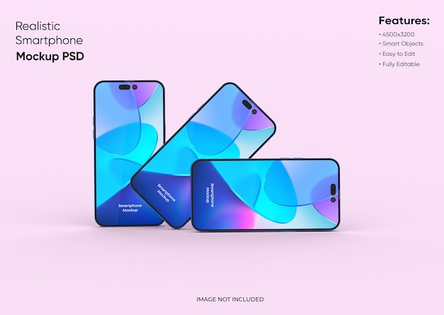 PSD three smartphones 14 pro max mockup for app and website ui branding 2 phones in front and back side 3d render