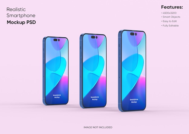 Three smartphones 14 pro max mockup for app and website ui branding 2 phones in front and back side 3d render