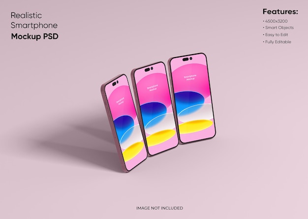 Three smartphones 14 pro max mockup for app and website ui branding 2 phones in front and back side 3d render