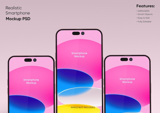 PSD tre smartphone 14 pro max mockup per il marchio dell'interfaccia utente di app e siti web 2 telefoni nella parte anteriore e posteriore del rendering 3d