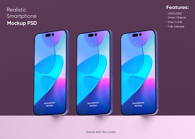 Three smartphones 14 pro max mockup for App and Website UI branding 2 Phones in front and back side 3D render