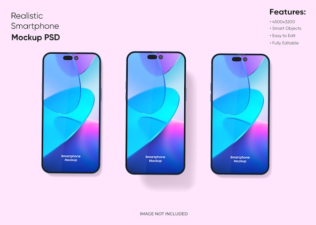 PSD Три смартфона 14 pro max mockup для брендинга пользовательского интерфейса приложения и веб-сайта 2 телефона спереди и сзади 3d-рендеринг