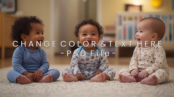 PSD three smiling babies sitting on a rug enjoying a playful moment