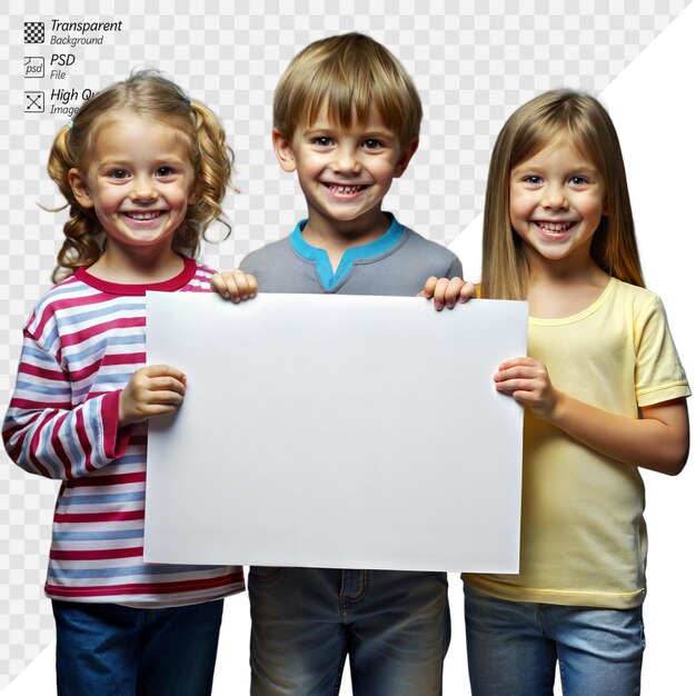 PSD three smiling kids holding a blank poster together