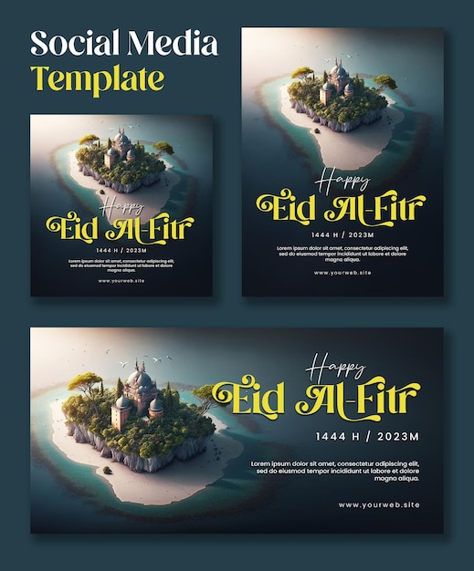 eid al fitr 인사말을 위한 3개의 소셜 미디어 템플릿 포스터