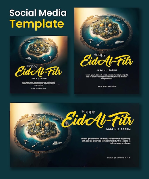 Three social media template posters for eid al fitr greetings