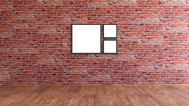 Three square format frame mock up design on a red brick wall interior room with wooden oak floor.