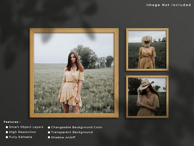 影付きの壁の背景にぶら下がっている3つの正方形の木製フォトフレームモックアップ。