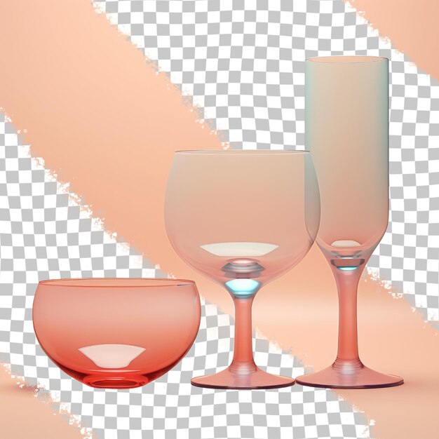 PSD three stemware glasses and a glass bowl on a transparent