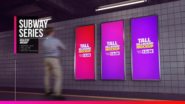 PSD three tall billboard mockup in subway hallway