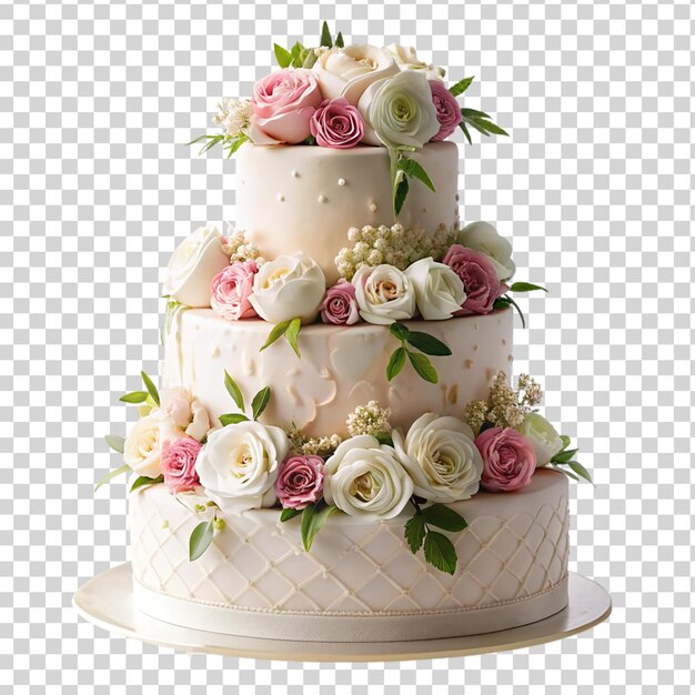 PSD three tiered wedding cake adorned with pink and white flower on transparent background