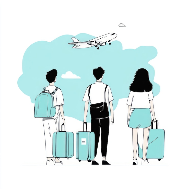 PSD three travelers with luggage watching a plane