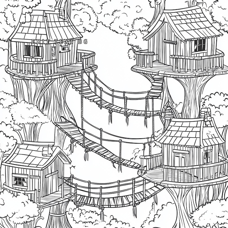 PSD three treetop houses connected by bridges in a lush forest