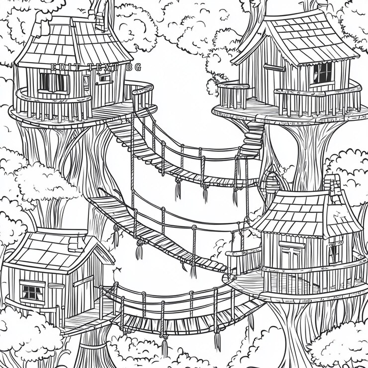 PSD three treetop houses connected by bridges in a lush forest
