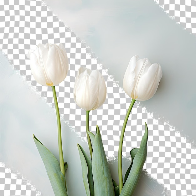 Three tulips white in color placed on marble in natural light