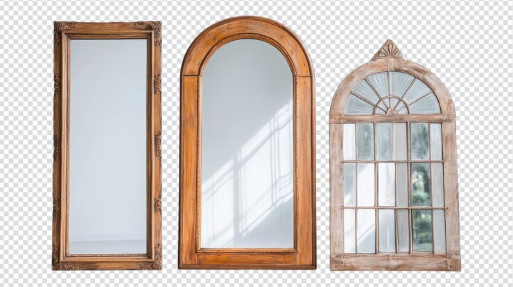 PSD three uniquely designed mirrors with wooden frames placed against a bright background showcasing different shapes and styles