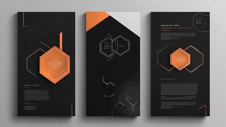 PSD three vertical banners with geometric patterns dark background orange accents and text placeholders