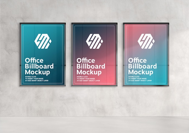 PSD three vertical billboards hanging on sunlit wall mockup