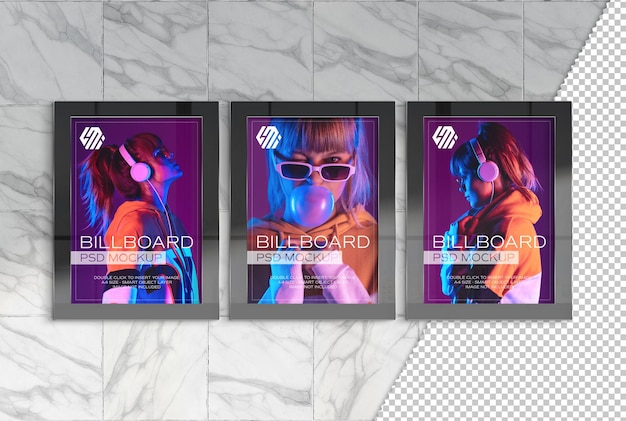 three vertical billboards in undreground station mockup