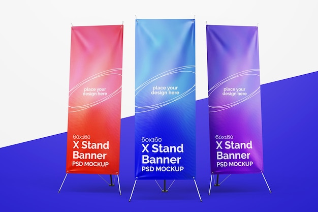 Three vertical standing x banner realistic editable psd mockup template