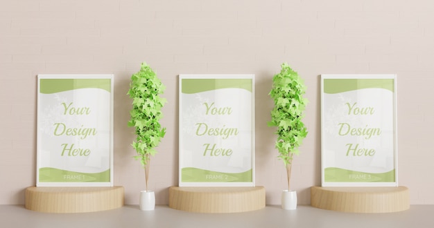 Three white frame mockup standing on the wooden podium with decorative plants