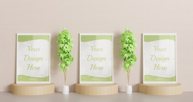 three white frame mockup standing on the wooden podium with decorative plants