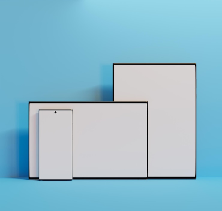 PSD three white rectangular frames with black borders on a blue background
