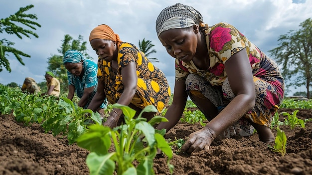 Three women farmers planting seedlings in a field