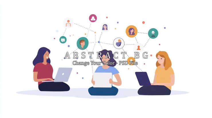 PSD three women sitting in a circle each using a laptop connected by a network of people