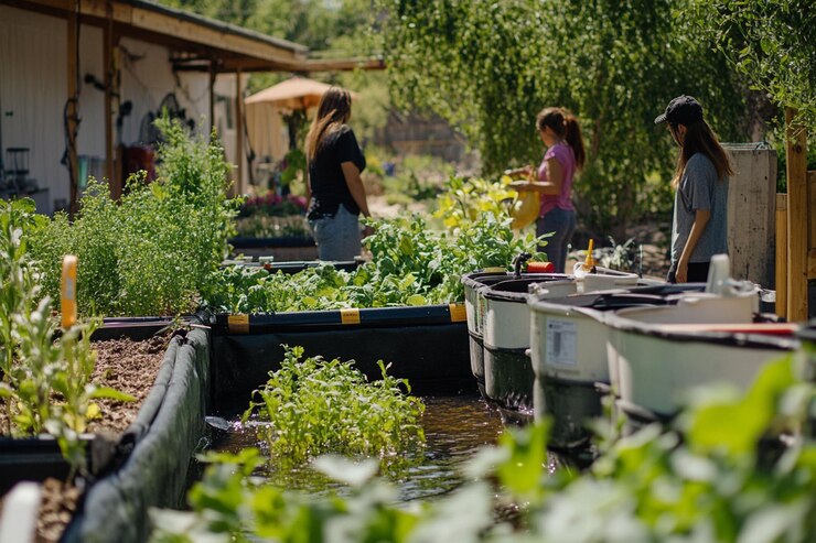 PSD three women tending a vibrant sunny community garden with raised beds and aquaponics