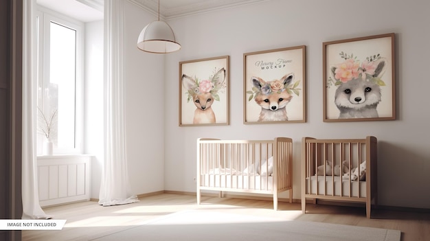 PSD three wooden frame mockup in nursery room