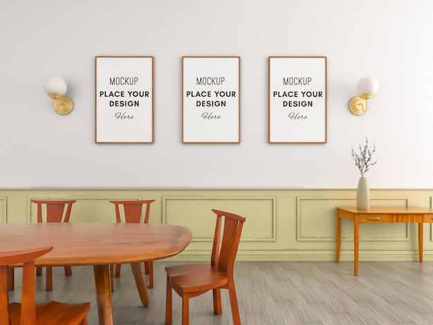 Three wooden frames on wall with minimalist wood dining chair