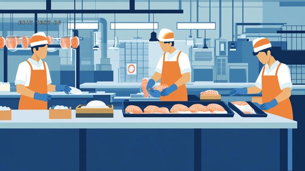 three workers process and package meat in a clean modern food processing plant