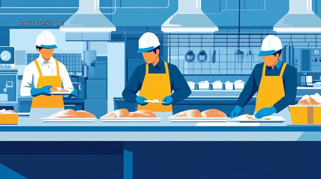 three workers process salmon fillets on a stainless steel table in a clean modern seafood processing plant