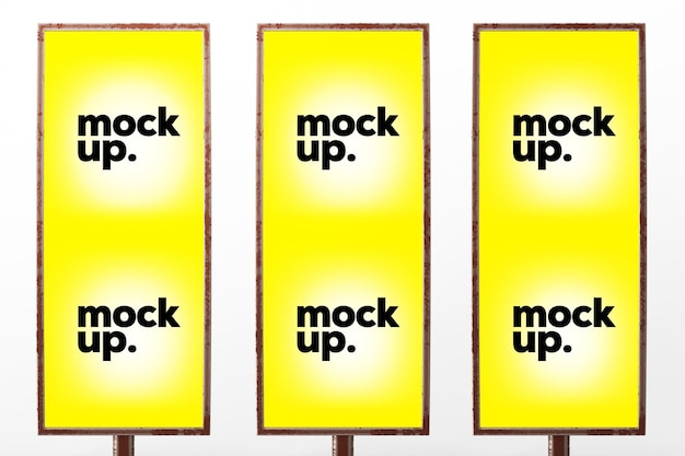 PSD three yellow billboards with black text that says mock up.