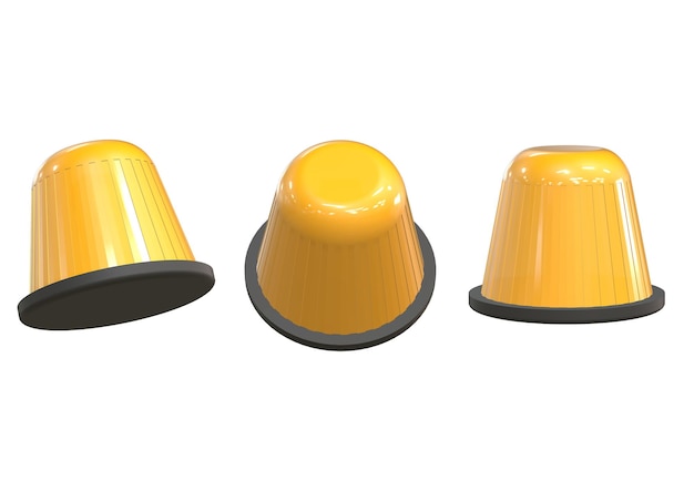 PSD tre tazze gialle con tappi neri sopra, una ha un tappo giallo in cima.