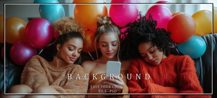 PSD three young women relaxing on a couch one looking at a phone wh