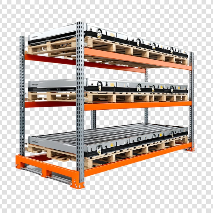 PSD threetiered rack system holding pallets of solar panels